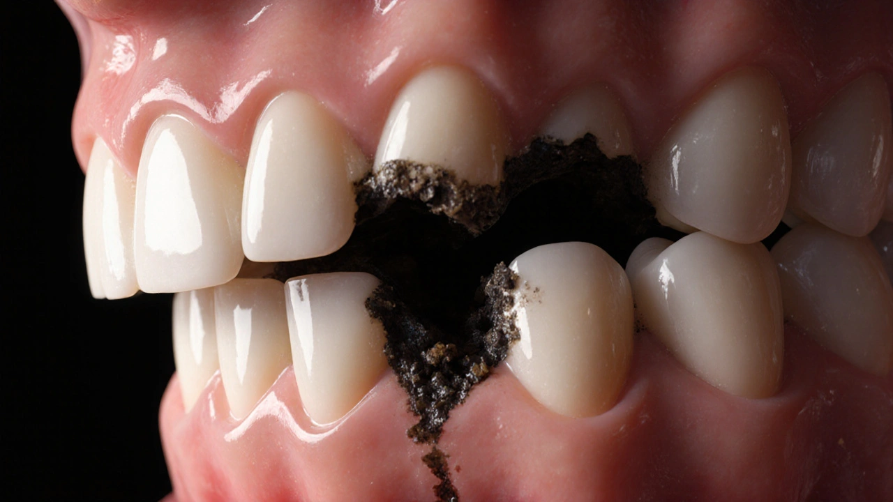 Černá díra mezi zuby s viditelným poškozením a zánětem dásní.