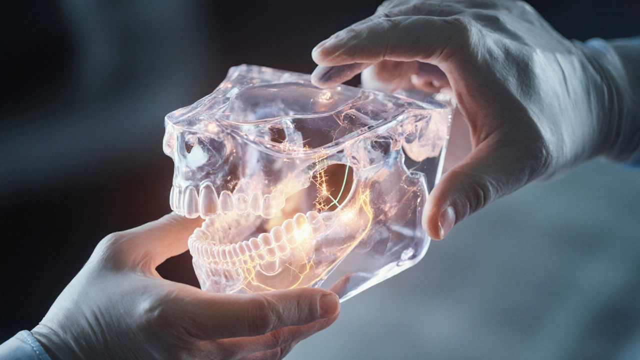 Chirurg manipuluje s 3D modelem čelisti se šablonami pro přesné přesunutí kostí.