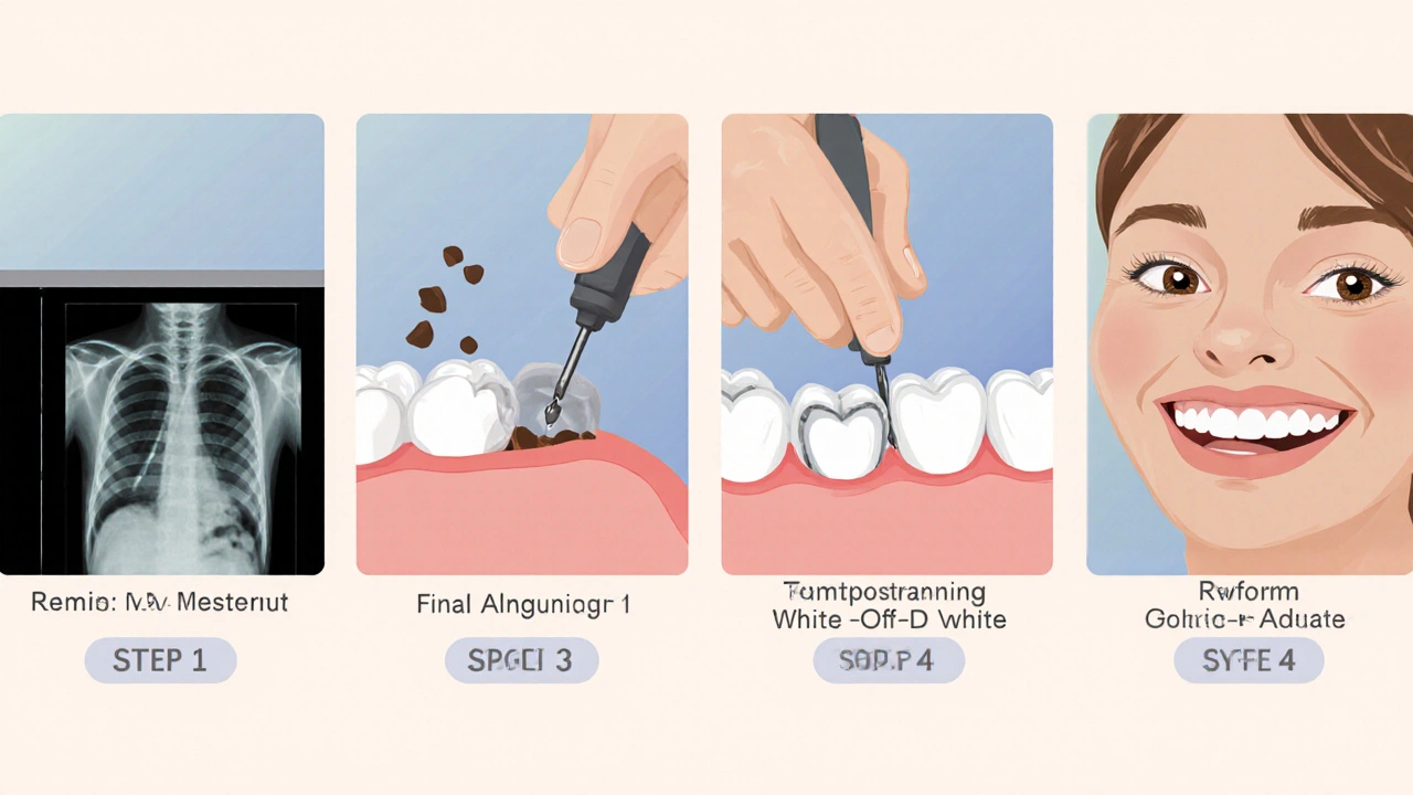 Čtyři panely ukazují röntgen, vrtání, výplň a leštenie zubu.