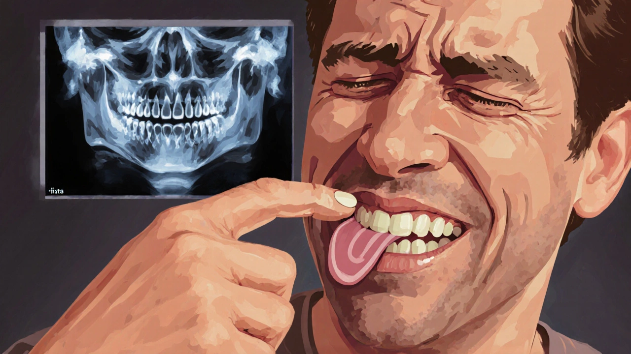 Dospělý člověk se dotýká bolestivých předních zubů jazykem, s vize zubního vadu na pozadí.