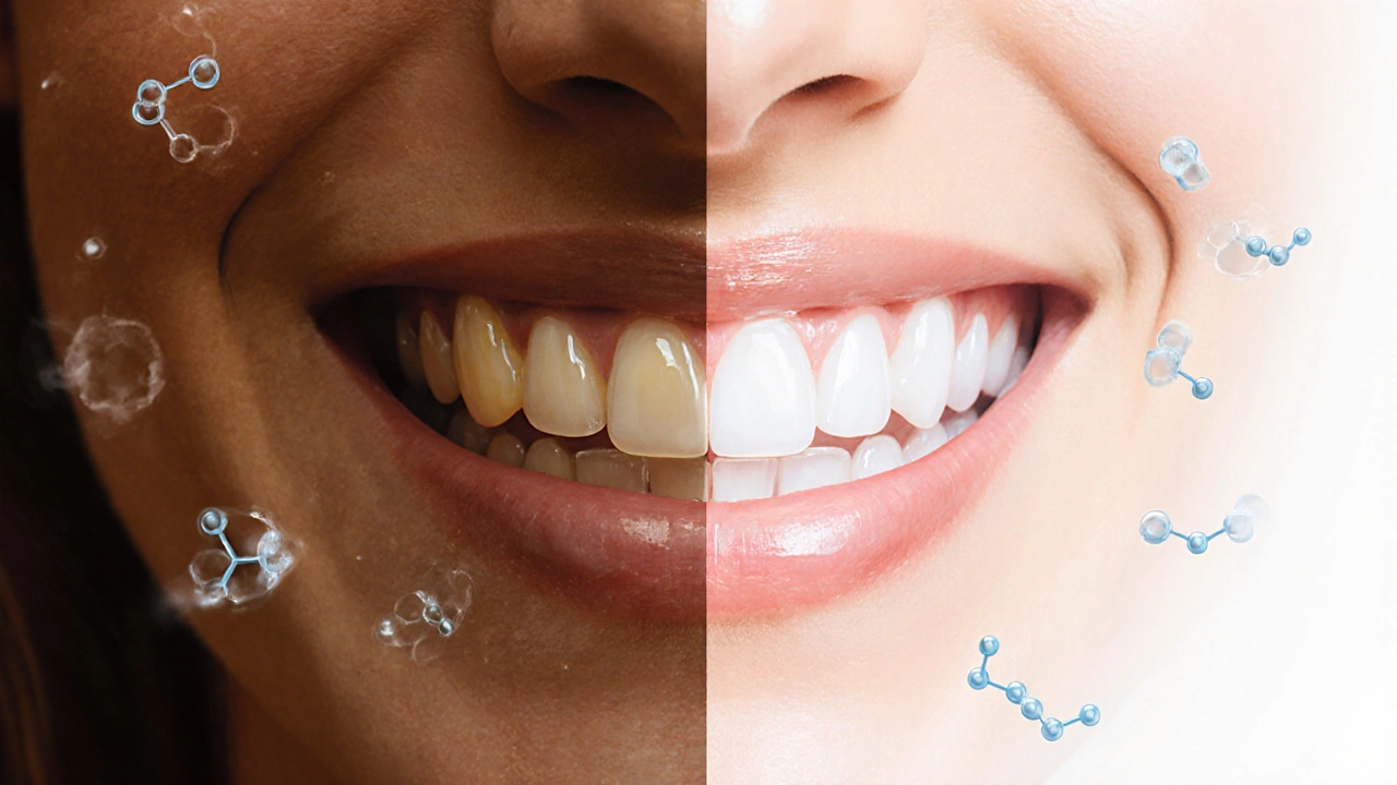 Dvě strany: zbarvené zuby vlevo, bělené zuby vpravo, symbolický rozklad pigmentů.