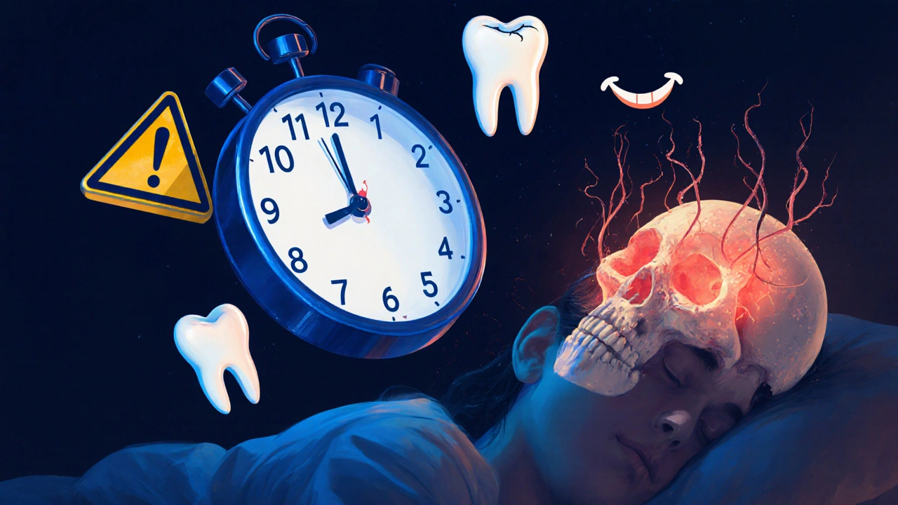 Hodiny s zuby místo čísel symbolizují čas, který uplynul při zanedbání zubní bolesti.