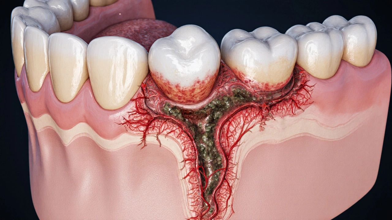 Křížový řez čelisti s inflamovanou okosticí kolem kořene zubu a hnisem.