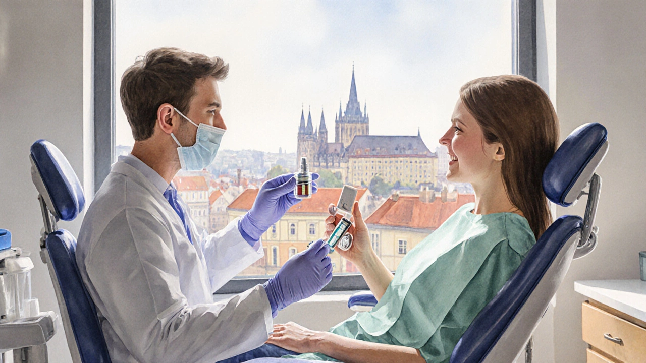 Pacient a zubár diskutují o vzorcích výplní v pražské klinice.