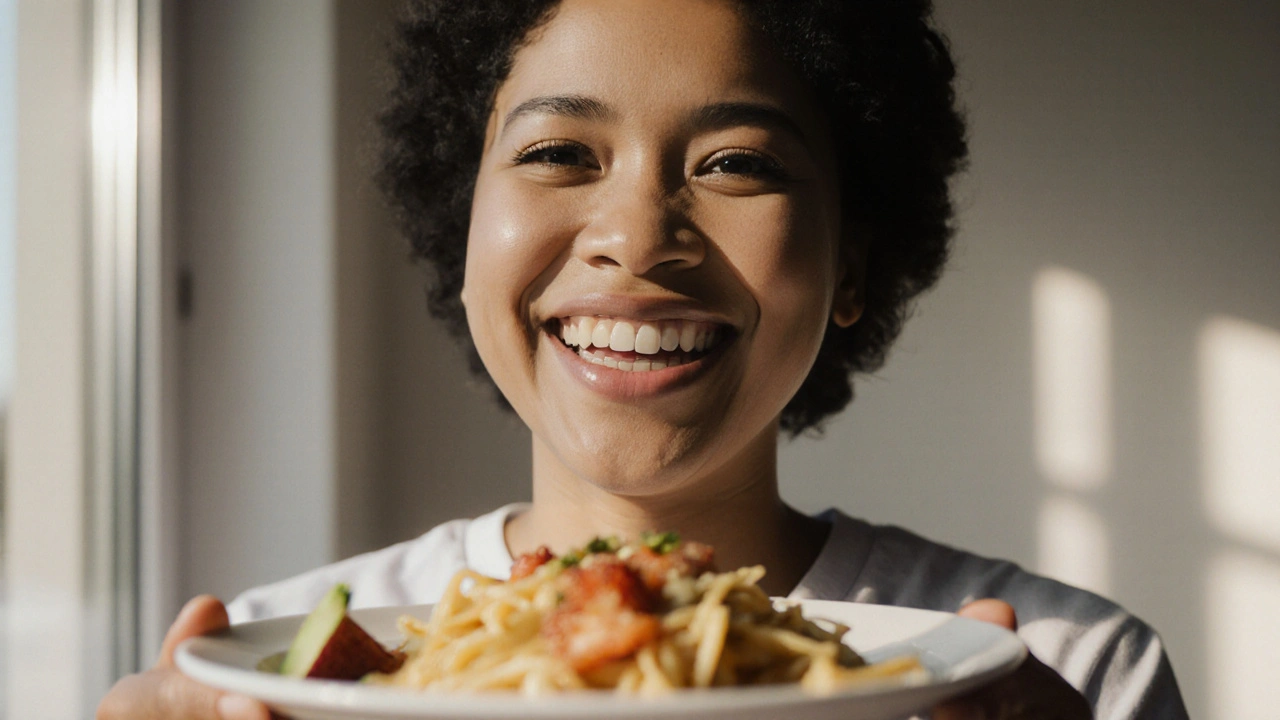 Pacient po roce od operace čelisti směje se, jí normální jídlo, bez ortodontických aparátů.