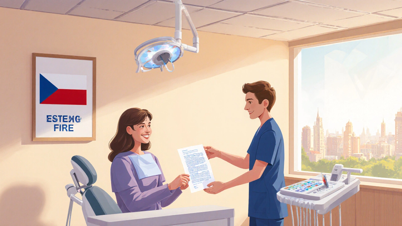 Pacient předává schválený formulář zubaři v moderní dentální ordinaci.