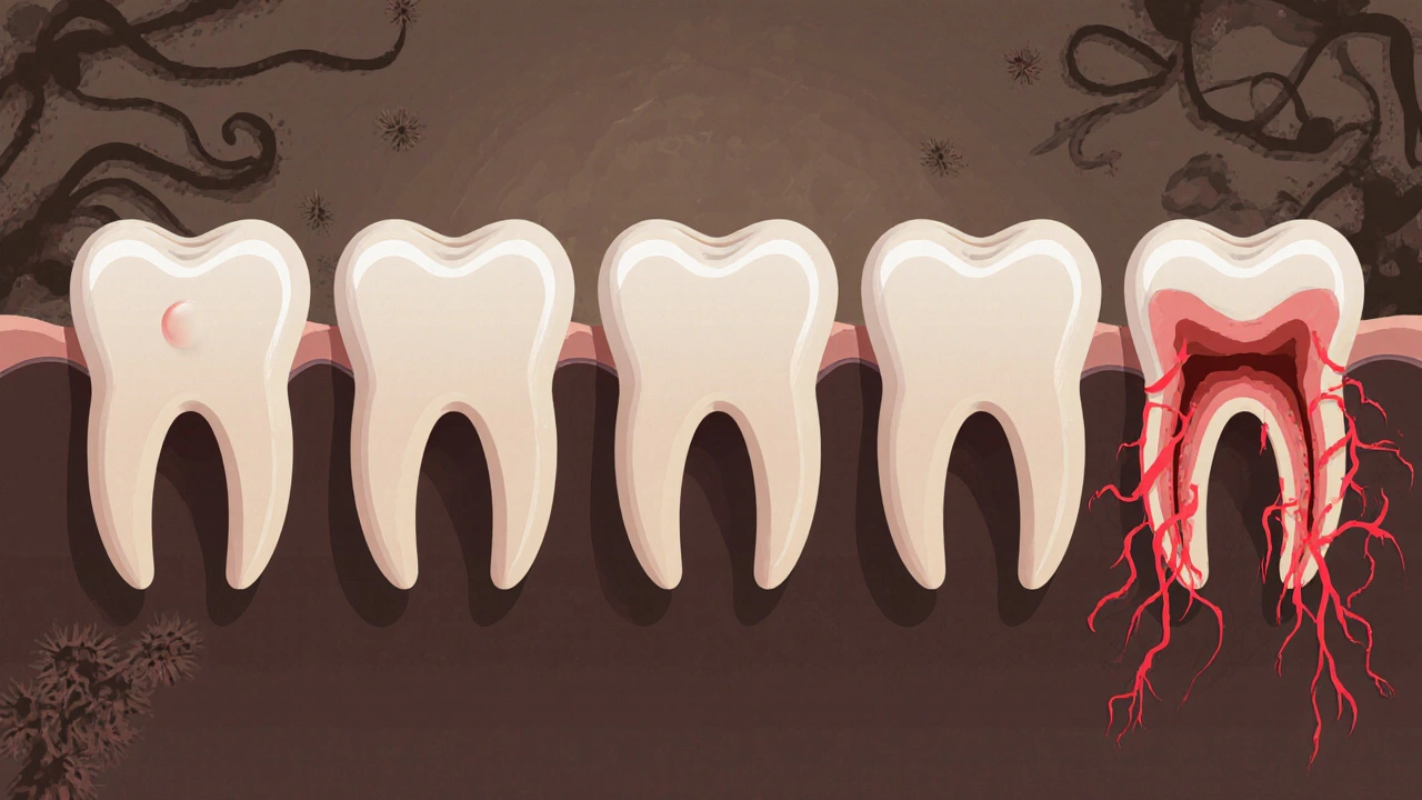 Pět stupňů rozvoje kazu od bílé skvrny až po rozpad zubu.