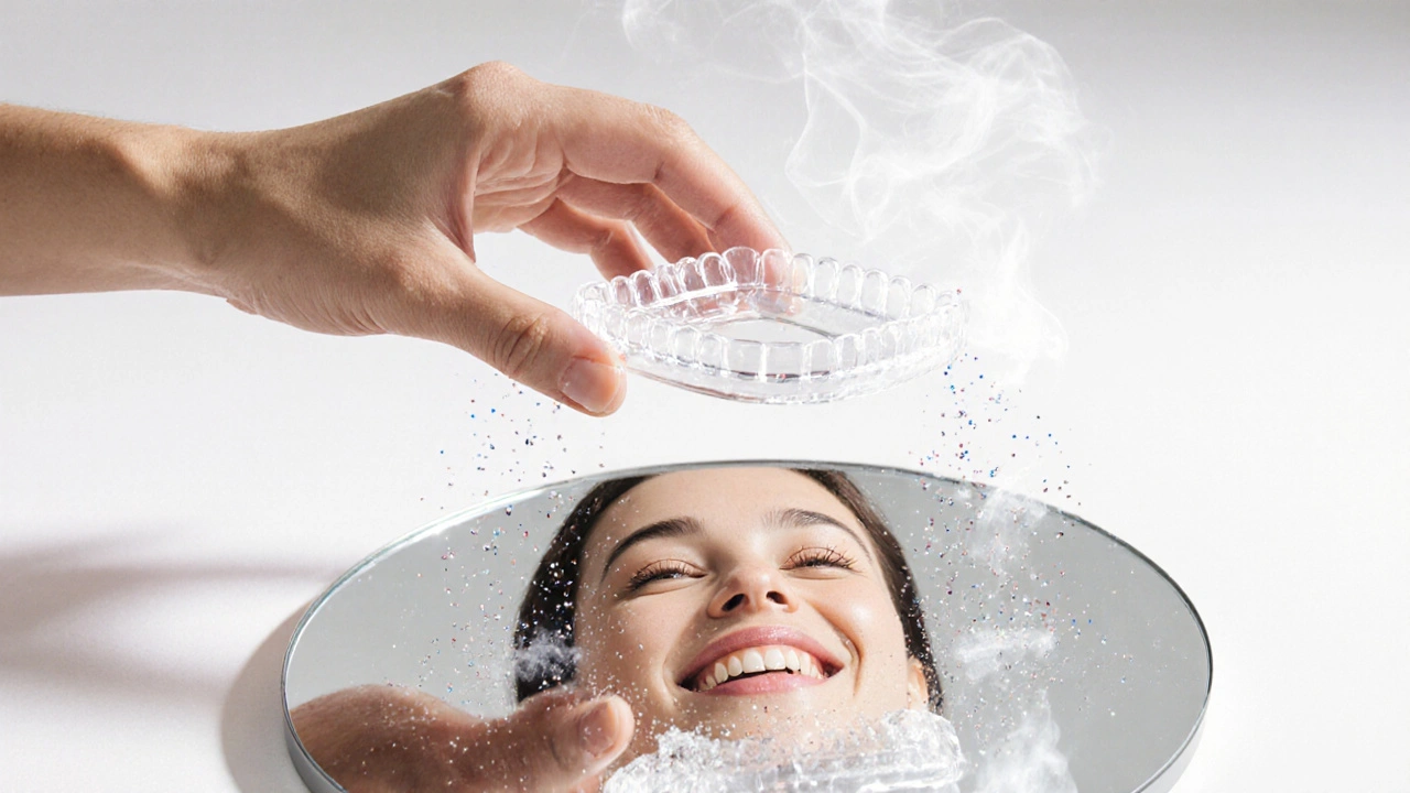 Průhledná šablona s gelem nad zrcadlem, odstíny pigmentů se rozptýlí ve světle.