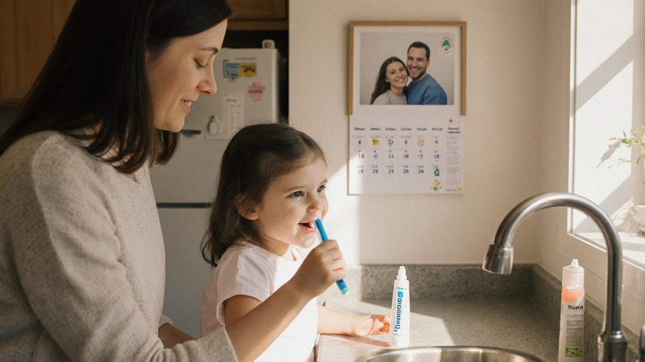Rodina doma čistí zuby, používá fluoridový gel, usmívá se.
