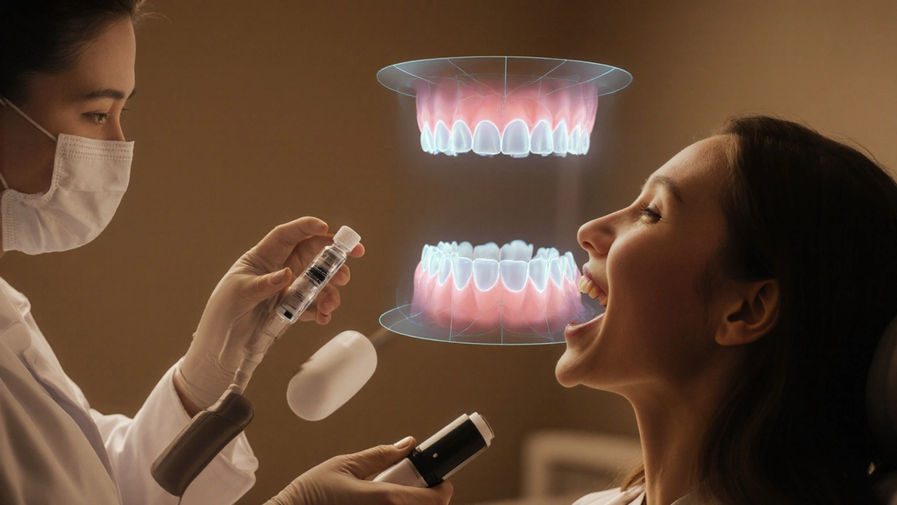 Scéna v zubní ordinaci, kde dentista drží nádobku s kompozitním materiálem a ukazuje digitální snímek zubů pacientovi.