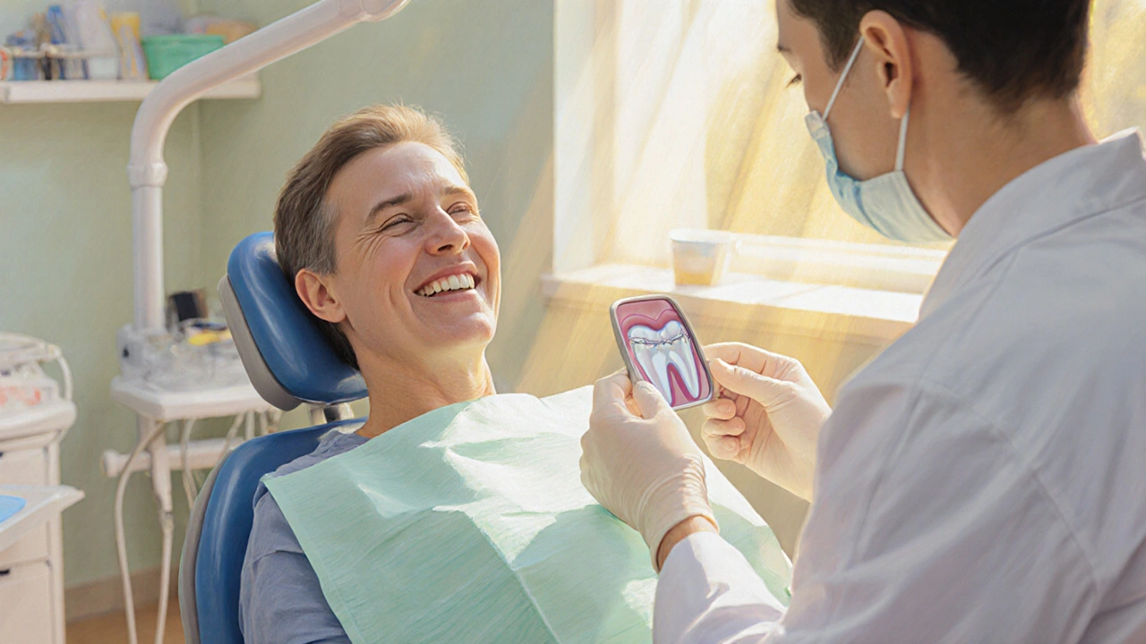 Úsměv zdravého zubu s dlouhotrvající kompozitní výplní během kontroly u zubaře.