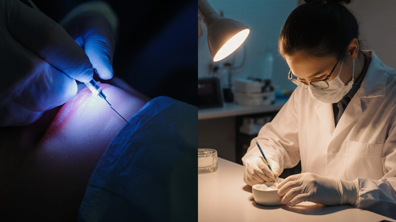 Zubař aplikuje lokální anestézii, zatímco technik vyrábí fazetu v laboratoři.