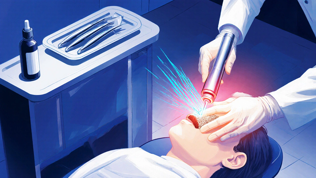 Zubař pomocí ultrazvukového skaleru a laseru odstraňuje černý zubní kámen.
