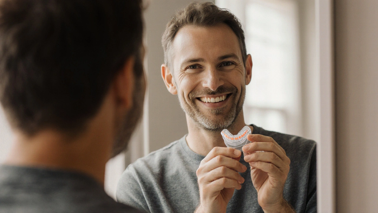 Adult patient smiling while holding a removable orthodontic device in front of a mirror.