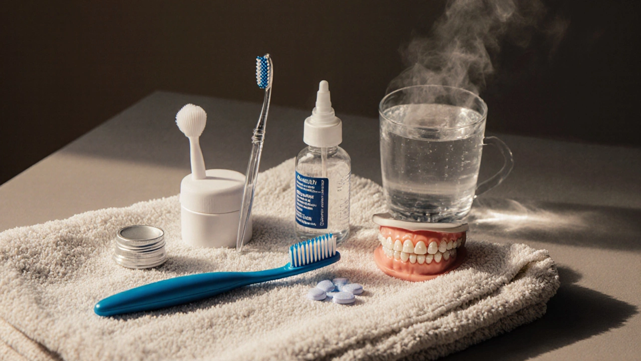 Cestovní sada pro čištění rovnátek s kartáčky, pastou a čisticími tabletkami.