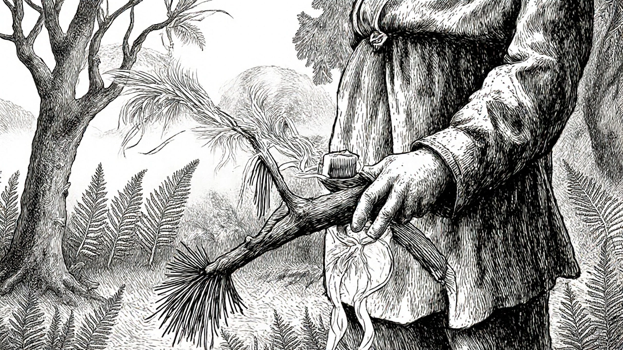 Člověk používá přírodní větvičku jako zubní hůlku ve venkovském prostředí.