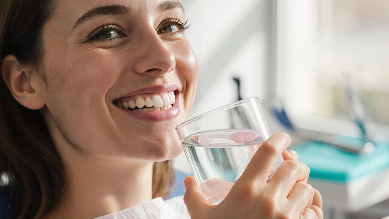 Člověk se usmívá po profesionálním čištění zubů, drží sklenici vody.
