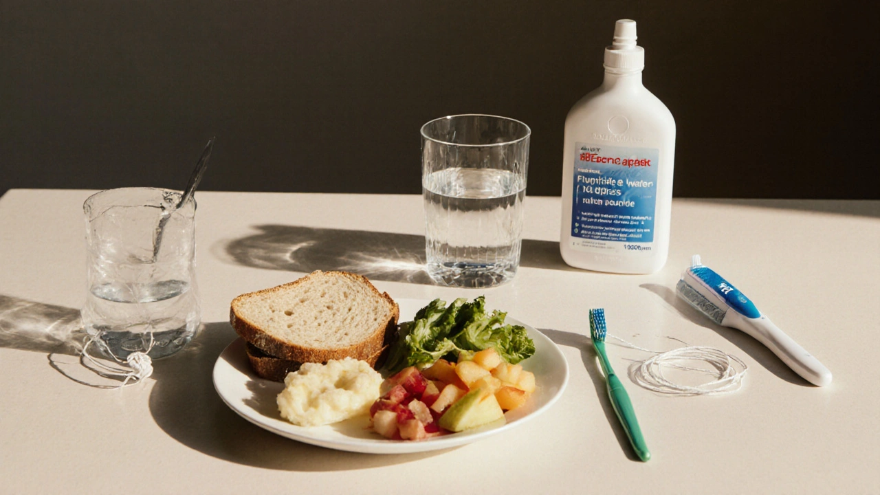 Denní návyky prevence kazu: voda, zubní pasta s fluoridem, floss a jídlo pouze při jídlách.