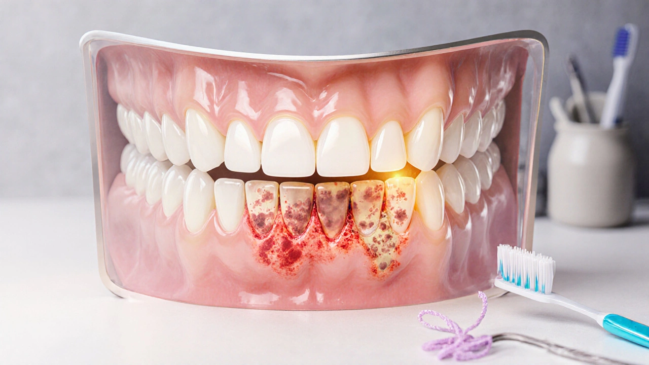 Dentální zrcátko odhaluje skryté záněty a plak pod dásněmi.