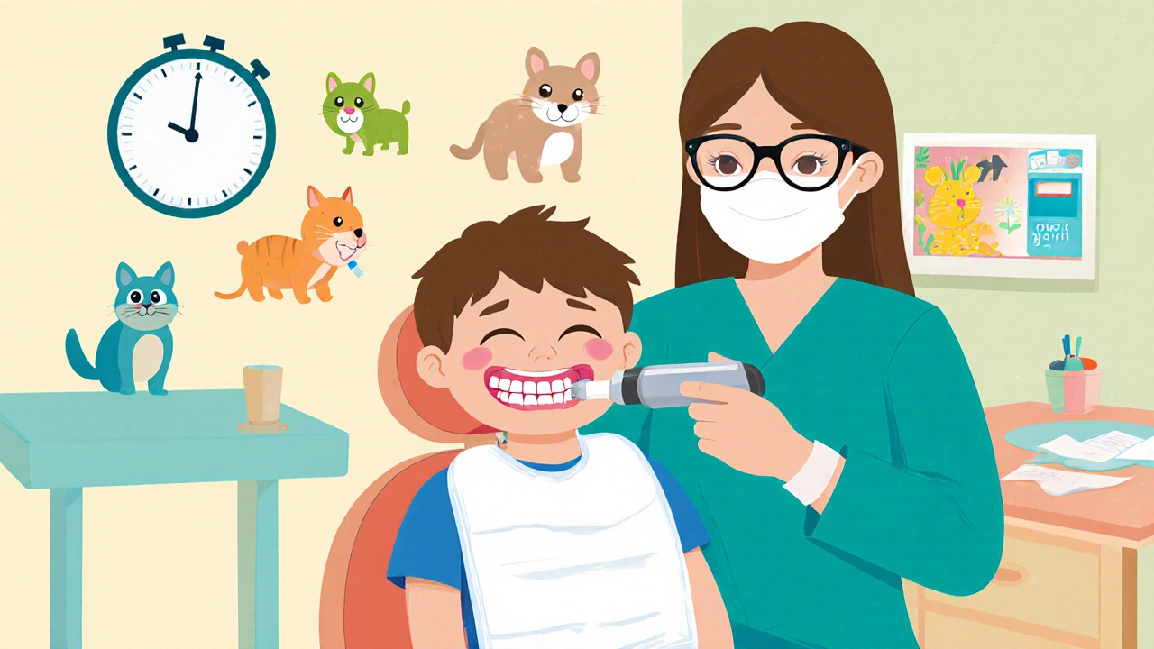 Dětský zubař odstraňuje zubní kámen ultrazvukem, dítě klidně sedí v klinice.