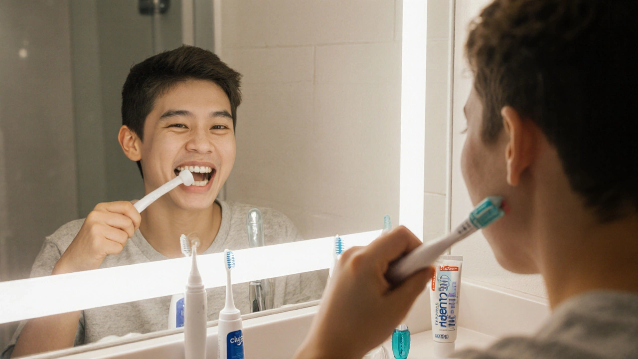 Dítě čistí zuby speciálním kartáčkem po boku rovnátek, viditelné nářadí pro hygienu.