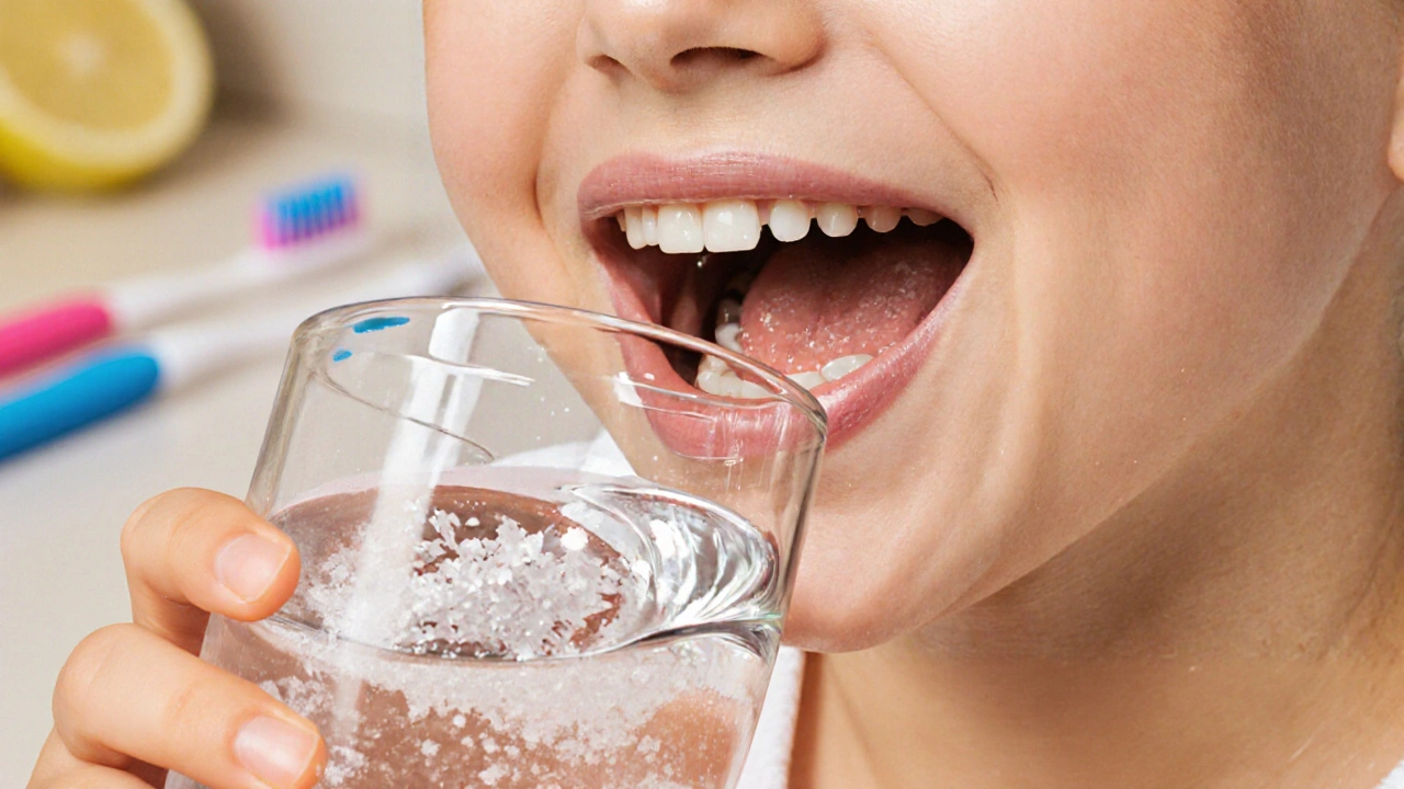 Dítě pláchnoucí ústa slanou vodou, ruka drží sklenici.