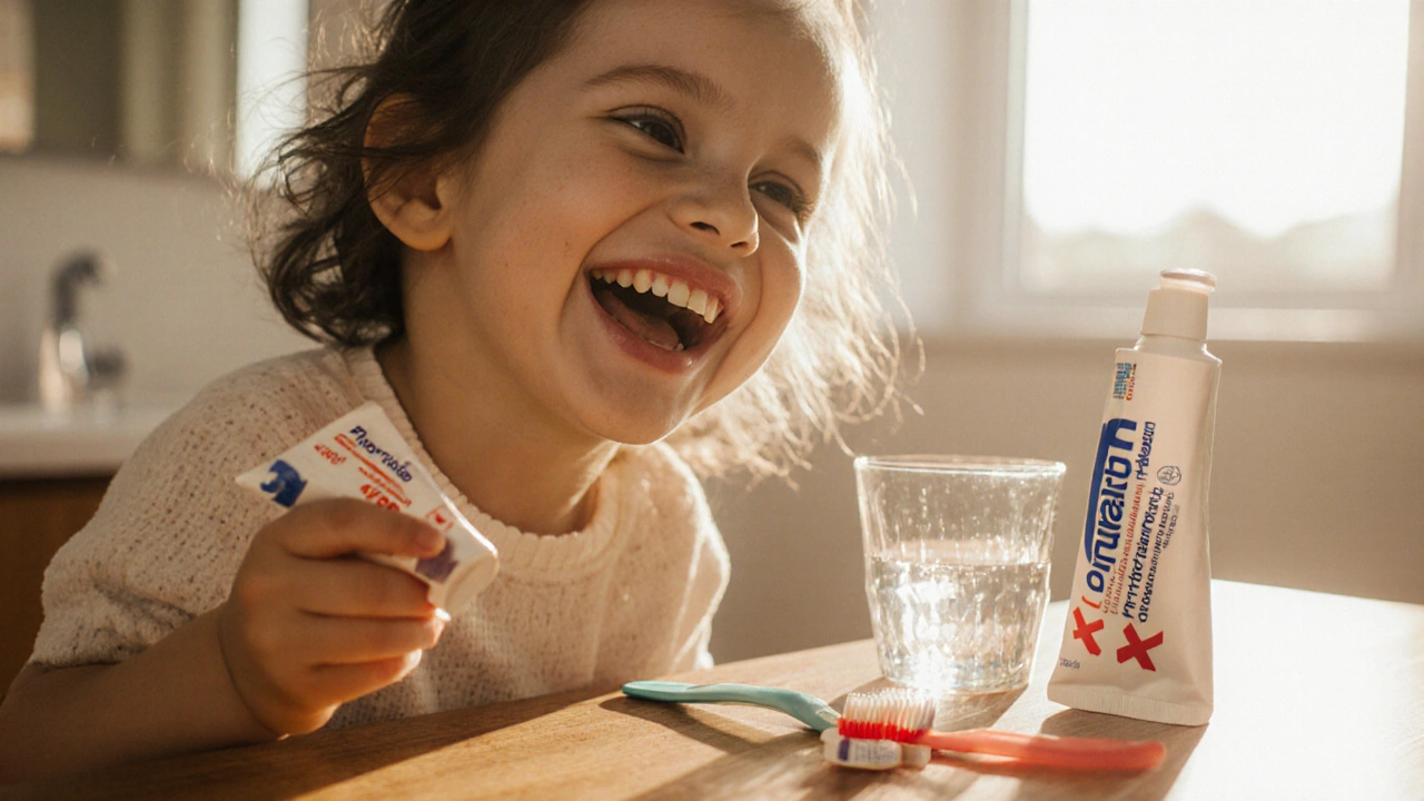 Dítě se směje s zdravými, mírně žlutými zuby, drží fluoridovou zubní pastu.