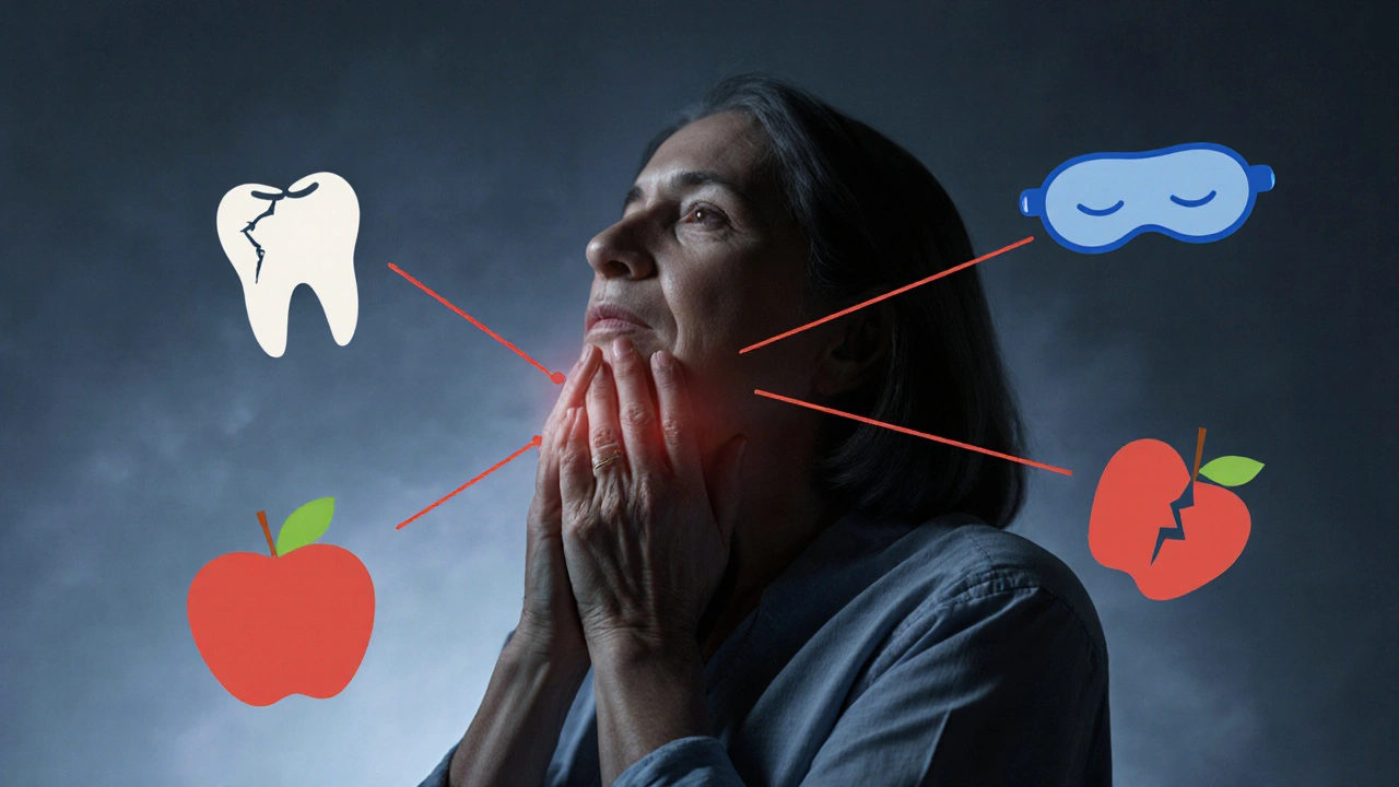 Dospělý člověk trpí bolestí čelisti, symbolicky spojen s přetížením zubů a migrénou.