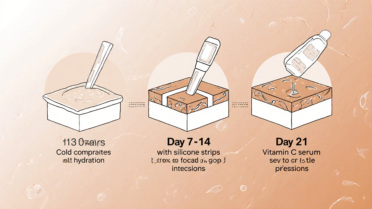 Ilustrace kroku po operaci: chlad, silikonové pruhy a vitamín C v průběhu hojení.