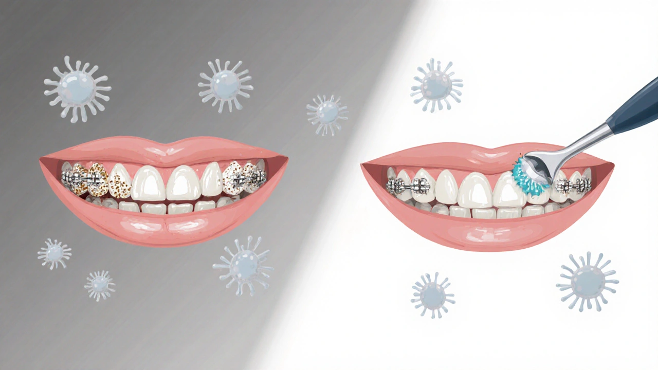 Keramická rovnátka s náznakem plaku a bílých skvrn na zubech pod nimi.