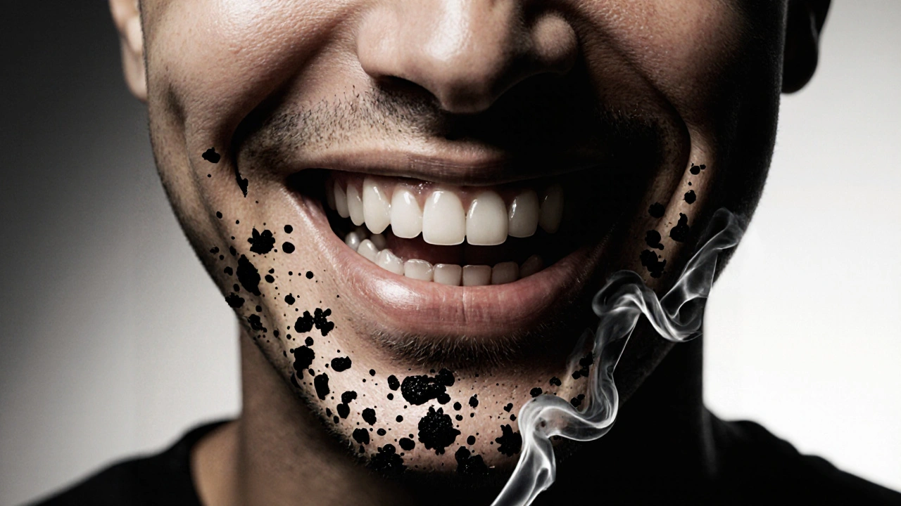 Konceptuální obrázek zdravého úsměvu s rozpadajícími se černými nánosy.
