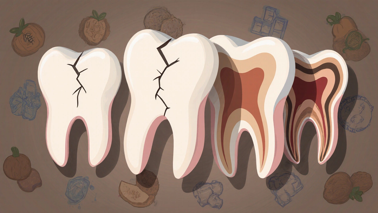 Krok za krokem rozvoje trhliny v zubu od povrchu ke kořeni