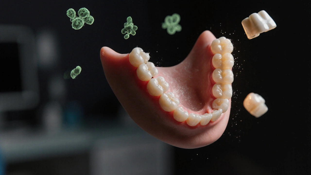 Lidská čelist s chybějícím zubem, kolem ní rizika a bezpečná alternativa.