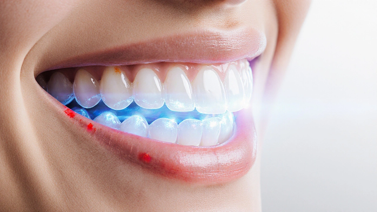 Microscopic view of tooth enamel being activated by laser whitening gel.