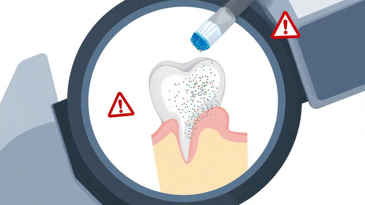 Mikroskopický pohled na tenkou dětskou sklovinku poškozenou abrazivními částicemi.