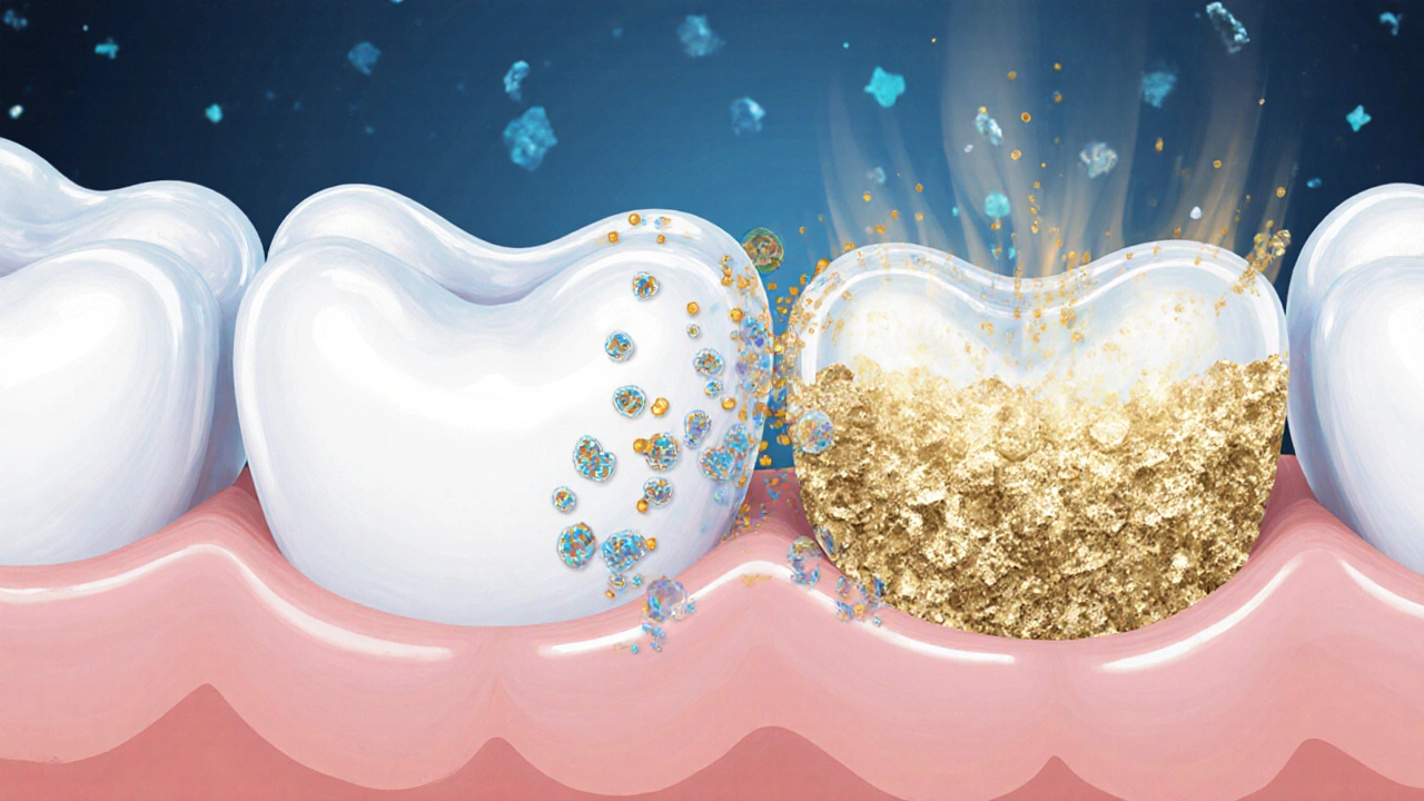 Mikroskopický pohled na zubní plak a fluorid, který obnovuje sklovinku zubu.
