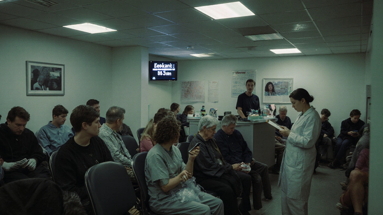 Naplněné čekárny na zubní pohotovosti v Praze večer s pacienty a digitálním časem čekání.