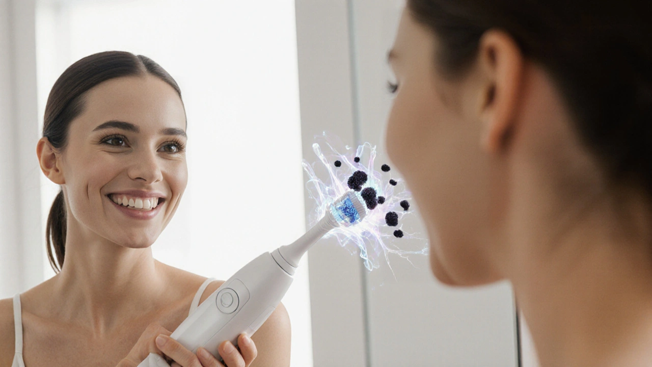 Osoba čistí zuby ultrazvukovým čističem, bakterie se rozptylují kolem zubů.