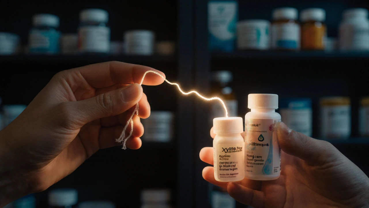 Osoba drží zubní nit a žvýkačku s xylitolom vedle léků, symbolizující prevenci.