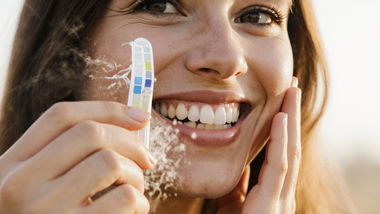 Osoba se smíchem s přirozeně barvenými zuby, bělící proužek se mění v mlhu.