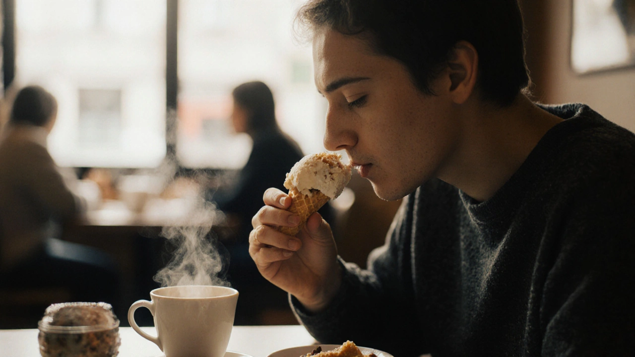 Osoba se zdráhá jíst zmrzlinu kvůli citlivosti zubu.