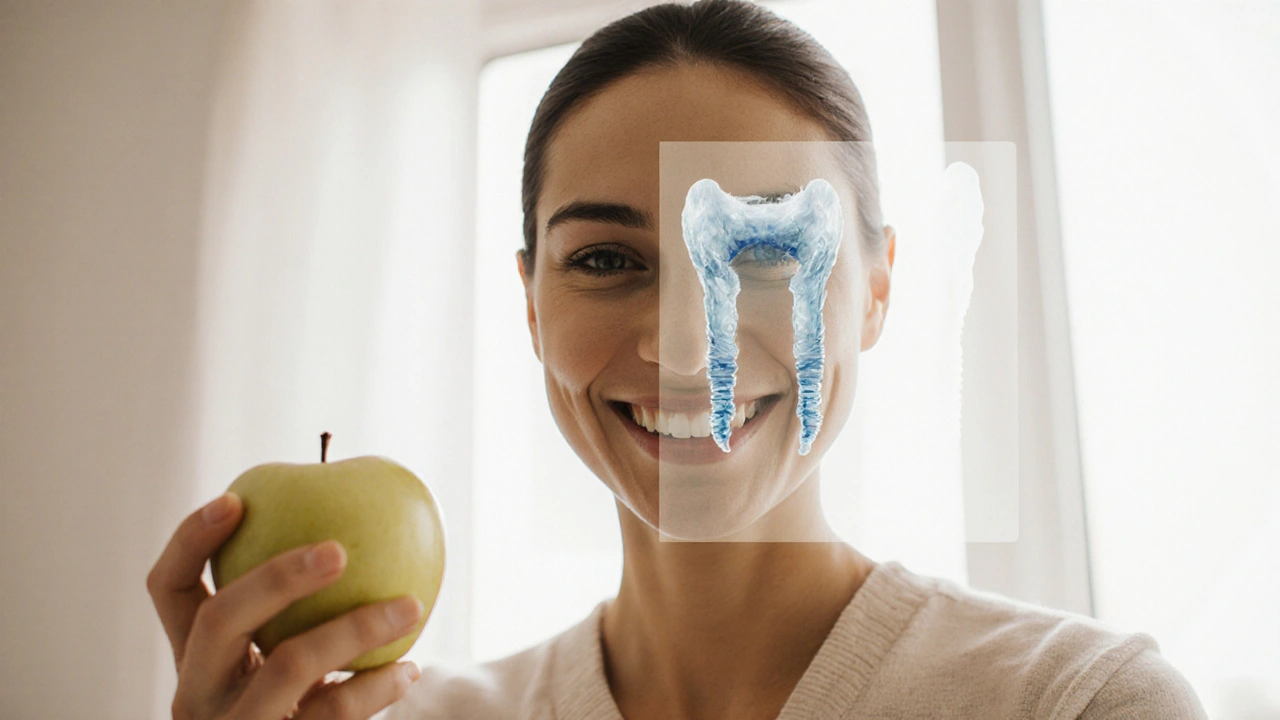 Pacient se smíchem a jablkem po úspěšném hojení zubního implantátu