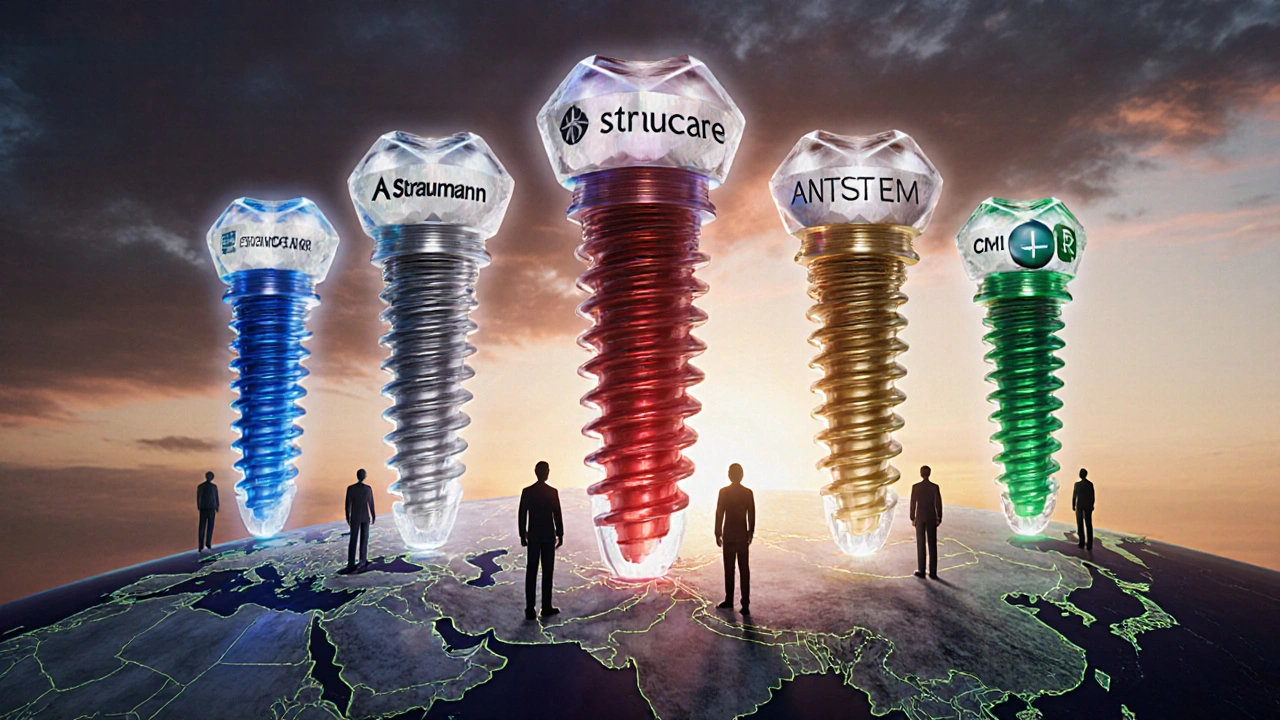 Pět symbolických struktur představujících nejznámější výrobce zubních implantátů vycházejících z mapy Evropy a Asie.