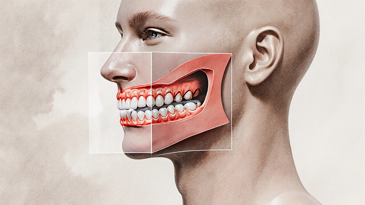 Poruchy předkusu: hluboký, otevřený a překrývající předkus v anatomickém zobrazení.