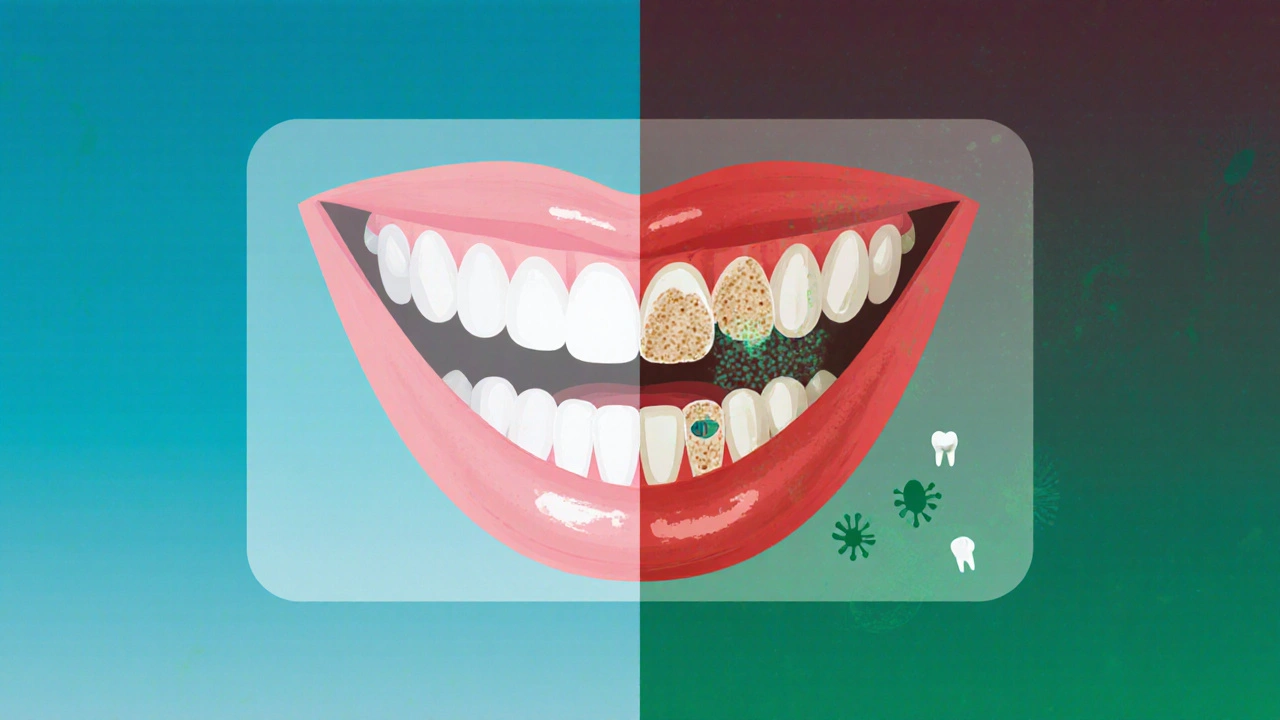 Představa zubního kamene vs. zdravého zubu – plak a bakterie přeměňují zub na poškozený.