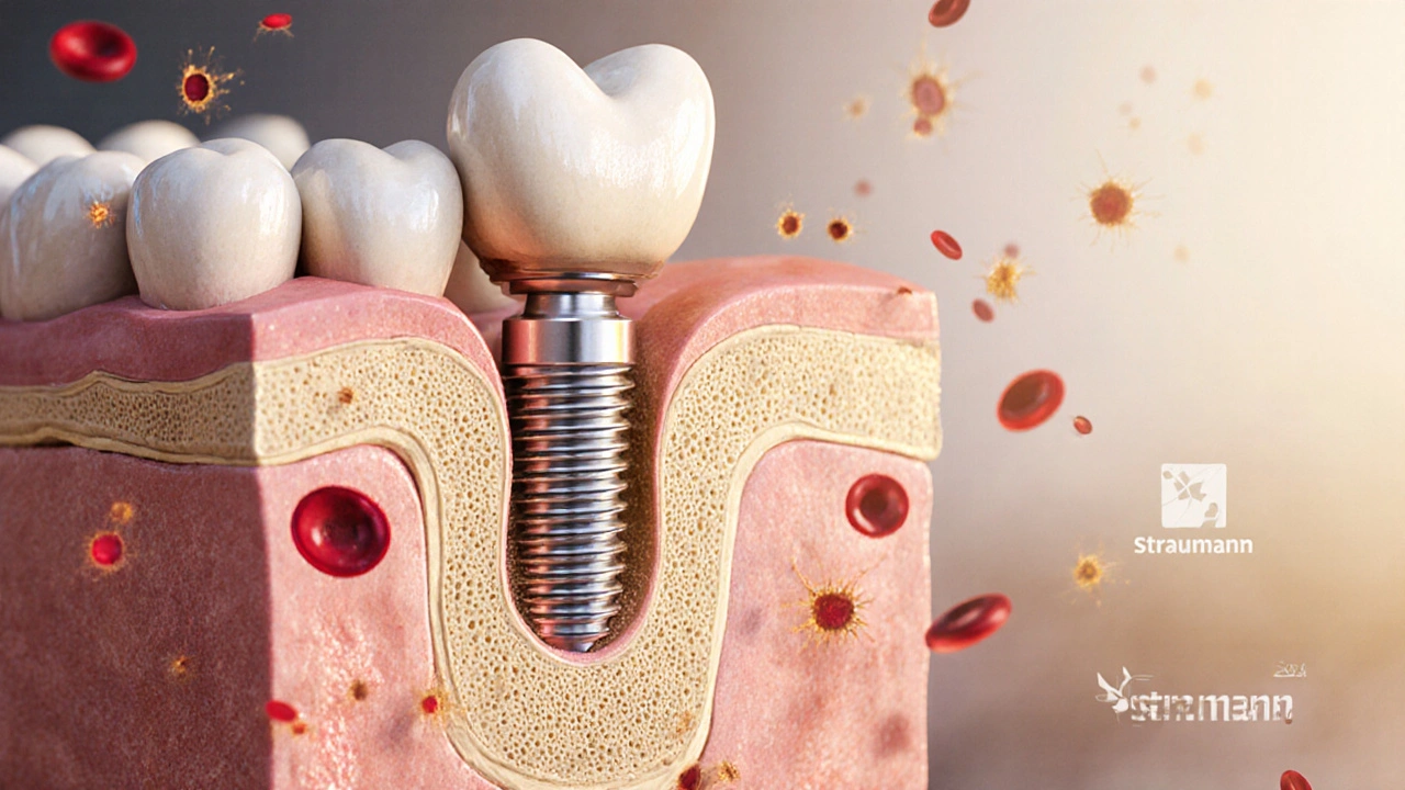 Příčný řez čelistí s implantátem integrovaným do kosti a kostními buňkami se přichytávajícími na jeho povrch.