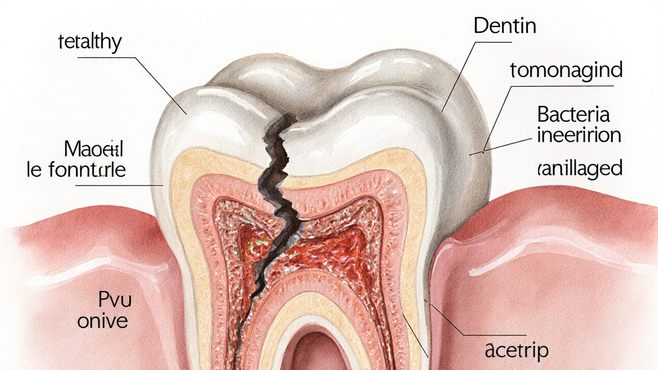 Příčný řez zubem s hlubokou prasklinou a bakteriemi