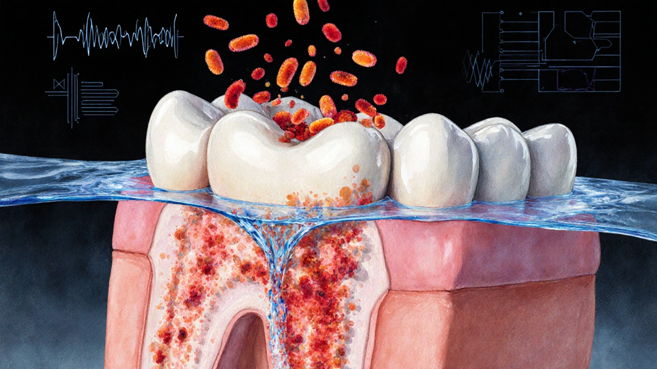 Příčný řez zubů ukazující rozpad bakteriálního biofilmu ultrazvukem.