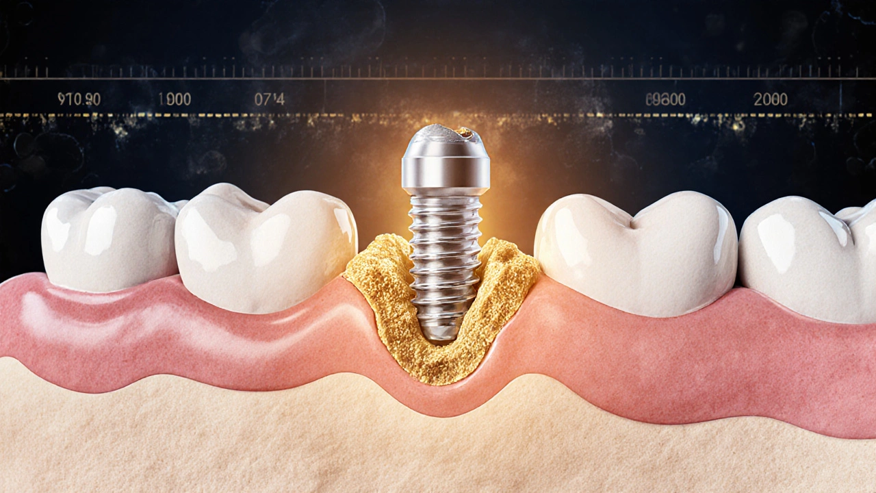 Průřez čelistí ukazující růst kostních buněk kolem implantátu
