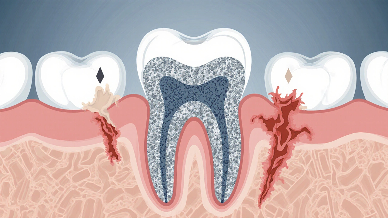 Průřez zubního kořene s kamenem a zánětem v kosti kolem něj.
